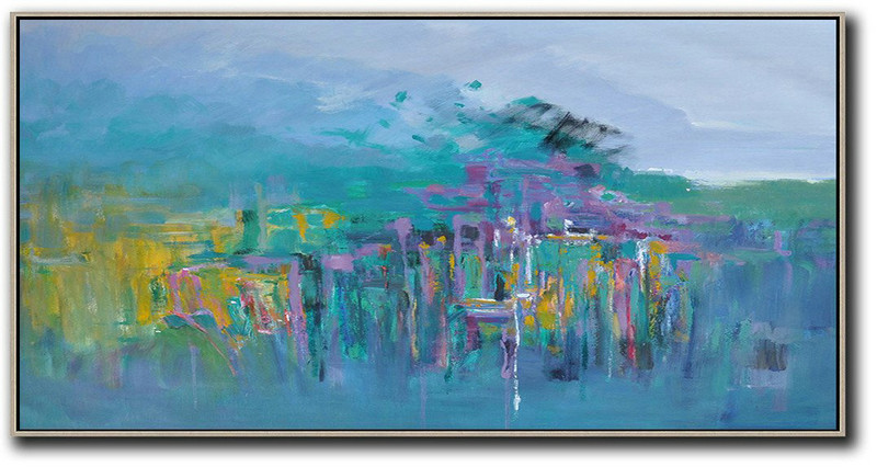 Abstract Painting Extra Large Canvas Art,Panoramic Abstract Landscape Painting,Big Canvas Painting Purple Grey,Green,Purple,Yellow